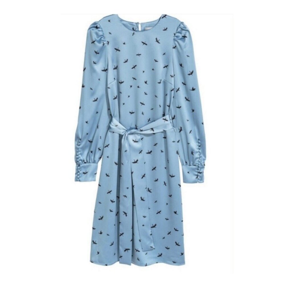 Retro 70s Japanese Crane Print Silky Button Sleeve Belted Midi Dress - Size 12